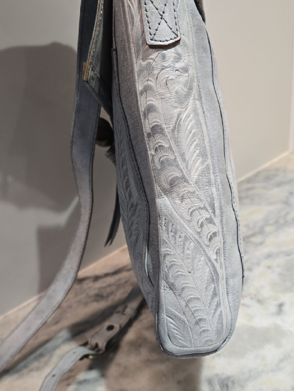Women's Embossed Leather Crossbody Bag in Light Gray - Picture 17 of 17